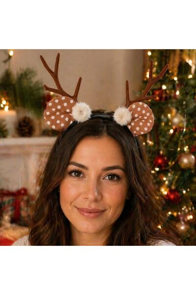 partidolu Peluş Kulaklı Geyik Boynuzu Şeklinde Noel Tacı Yılbaşı Geyik Taç Ka...