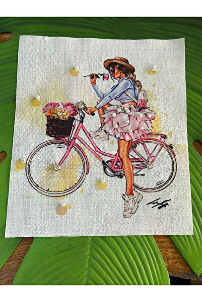 Gönülden Tasarım 23x19 cm Beaded and Beaded Tulle Tulle Girl on a Bicycle Emb...