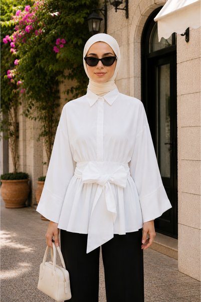 bellura Beli Korsajlı Patlı Kuşaklı Düğmeli Kalça Hizası Tesettür Poplin Tuni...