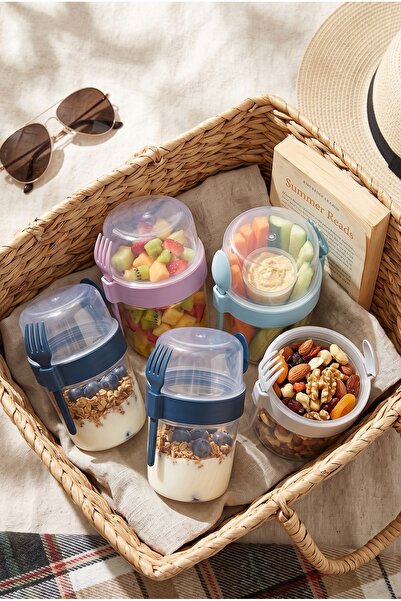 KaktüsKedi 4 'lü Set Çatallı Kaşıklı Atıştırmalık Yemek Yoğurt Müsli Granola Diyet Kabı - Yemek Saklama Kabı 650 ML