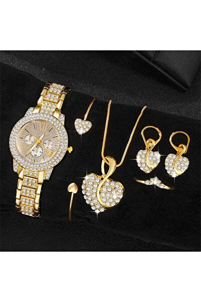 Choice Gold Women's Quartz Watch Gold Luxury Women Ring Necklace Earring Rhin...
