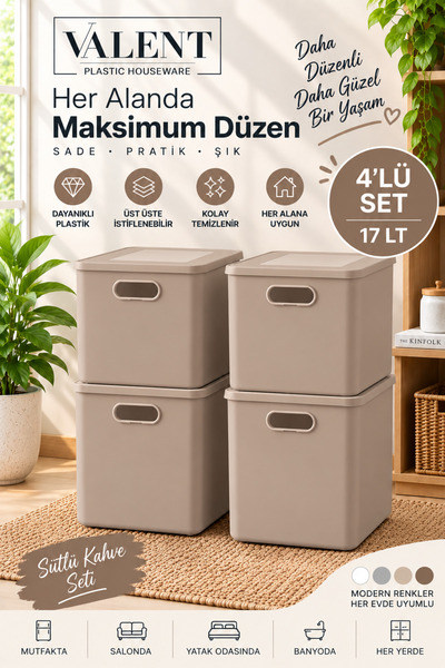 VALENT Nero 17 Lt 4'lü Çok Amaçlı Kapaklı Organizer Kutu Makyaj Banyo Mutfak ...