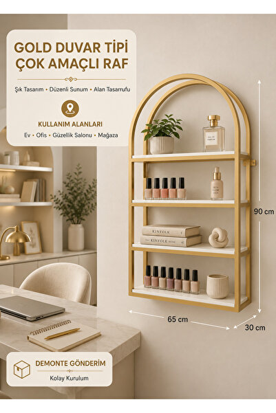 Genel Markalar Gold Metal Duvar Tipi Ojelik 4 Raflı Beyaz Raflı Nail Studio O...