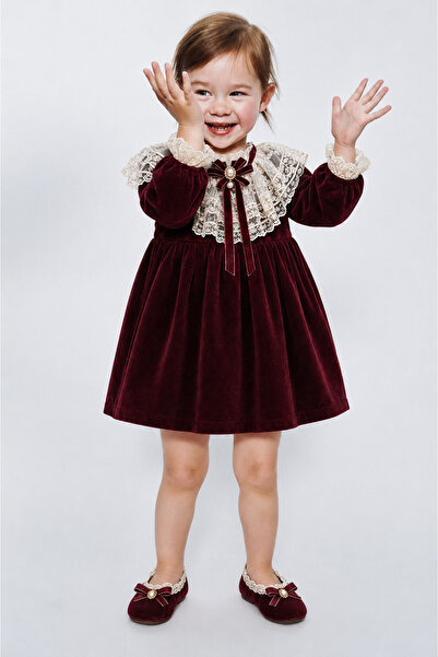 Tifina Kids Baby Girl Dress Velvet Lace Collar Burgundy Brooch Long Sleeve Ho...