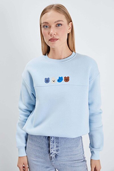 Fulla Moda 3 Thread Teddy Bear Embroidered Oversize Sweatshirt with Stopper
