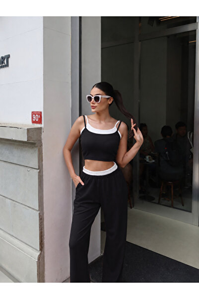 House of Valerio Kadın Oysho Kumaş Siyah Beyaz Birleşik Askılı Crop Bluz Beli...