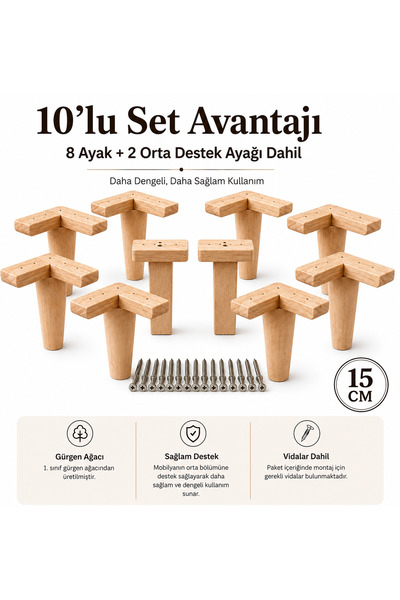SIER HOME 15 Cm Ham Konik Ahşap Koltuk Ayağı 10'lu Set – Gürgen Ağacı – Kanep...