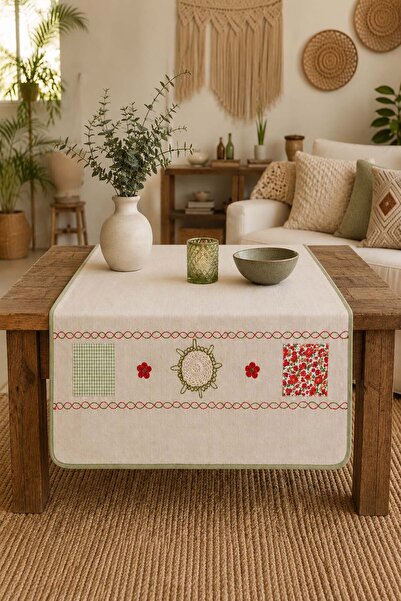 ÖDEL BULDAN Naturel Biyeli Motifli İşlemeli 50x130 Cm Runner