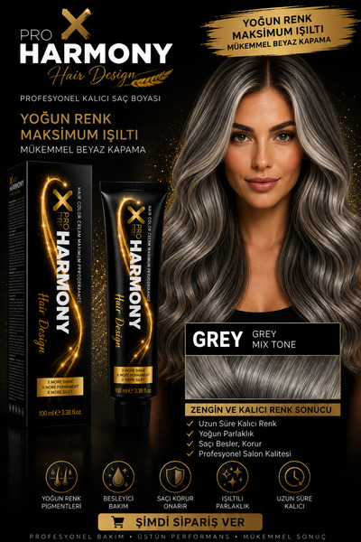 X Pro Harmony Gri Saç Boyası Grey Mix Ton Gümüş Gri Kalıcı Tüp Saç Boyası 60 ...