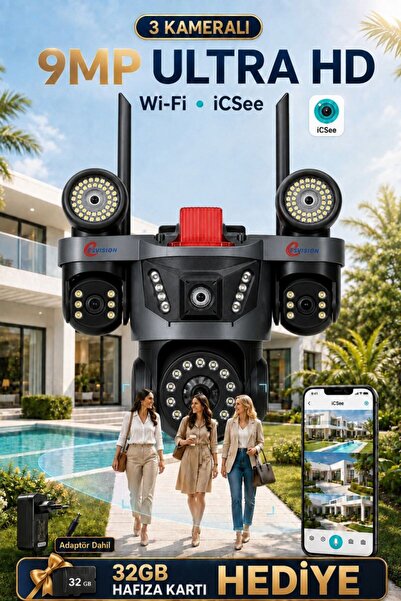 Ventus iCSee 9003 9MP 3 Lens WiFi Güvenlik Kamerası, Motorlu Gece Görüşlü Dış...