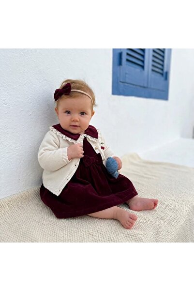 Lovia Baby Kız Bebek Kadife Elbise Triko Hırka Bandana 3'lü Şık Takım