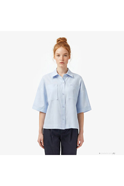 Lacoste Kadın Relaxed Fit Truvakar Kollu Keten Mavi Gömlek
