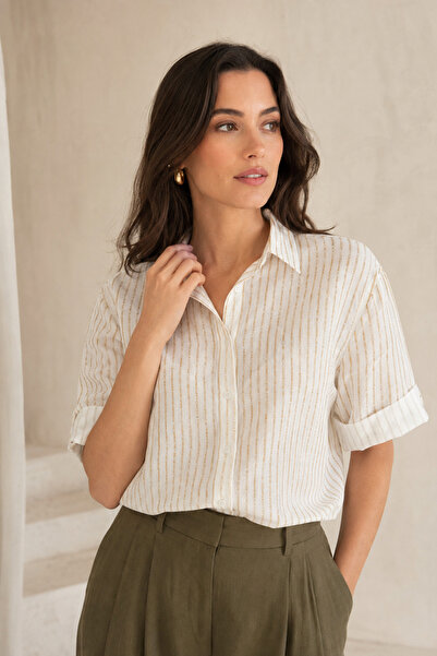 Nuevo Women's Light Brown Line Patterned Linen Shirt with Folded Sleeves New ...