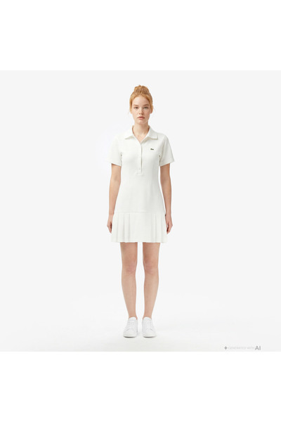 Lacoste Kadın Classic Fit Kısa Kollu Polo Yaka Krem Elbise