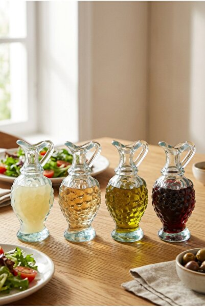 Shuvae 4'lü Cam Mini Zeytinyağı Sirke Limon Suyu Şişesi Sofra Sosluk Yağdanlı...