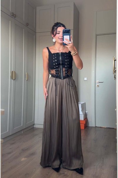 Bade Butik Khaki Elastic Waist Wide Leg Satin Trousers