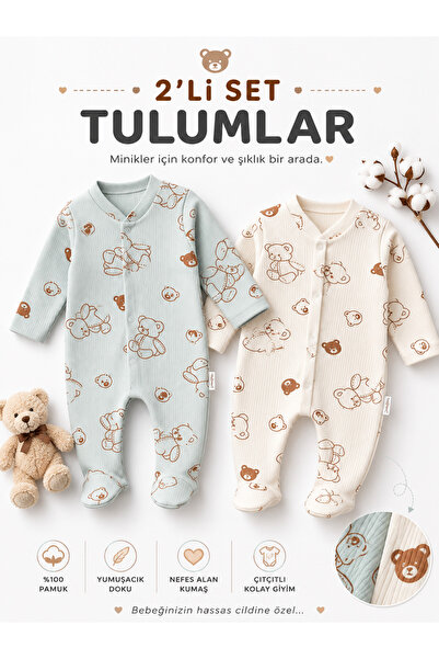 Mou&Kou 2-Piece Baby Rompers with Booties Teddy Bear Patterned Ribbed Cotton ...