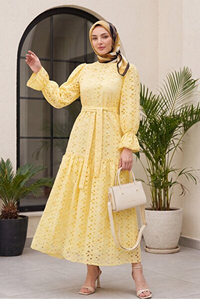 Modamorfo Crew Neck Scalloped Sleeve Elastic Lined Long Linen Look Dress - Ye...