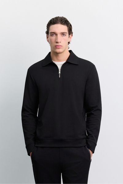 Avva Men's Black Polo Collar Zippered Easy-Iron Regular Fit Sweatshirt A62Y1353