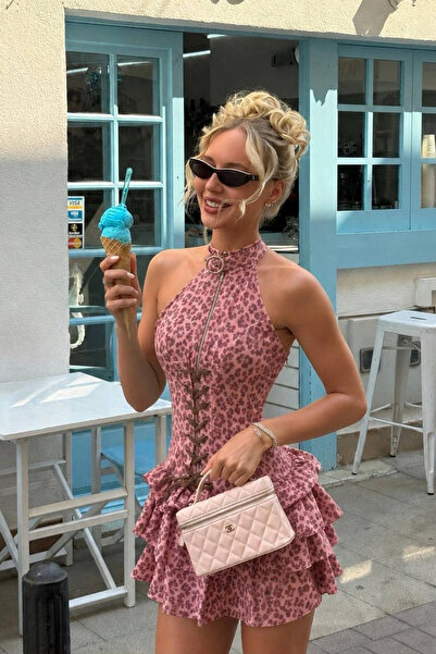 Eka Women's Pink Leopard Special Design Flounce Mini Dress 5443