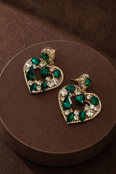 New Obsessions Green Stoned Heart Dangle Evening Dress Earrings