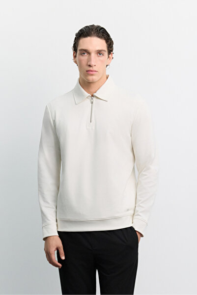 Avva Men's Ecru Polo Collar Zippered Easy-Ironing Regular Fit Sweatshirt A62Y...