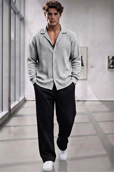 NO 601 Men's Gray Twisted Shirt Black Trousers Set
