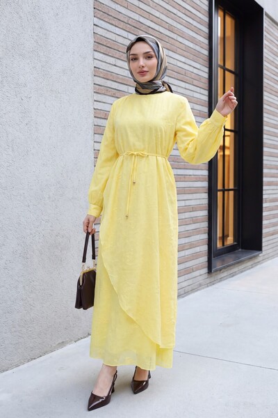 Modamorfo Double Layered Waist-Tied Brooch-Lined Linen Look Dress - Yellow