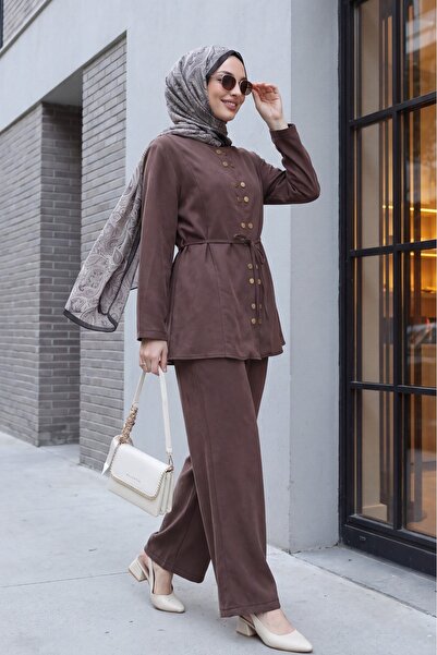 Modamorfo Double Snap Detailed Round Neck Modal Suit with Wide Leg Pants - Brown