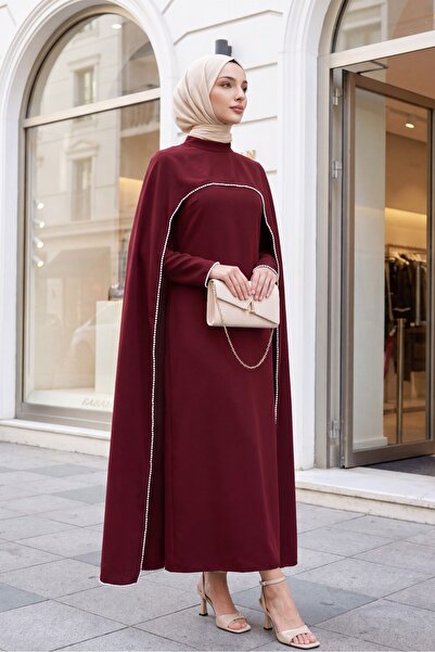 Modamorfo Pearl Detailed Spanish Sleeve Lined Crepe Abaya Dress with Detachab...