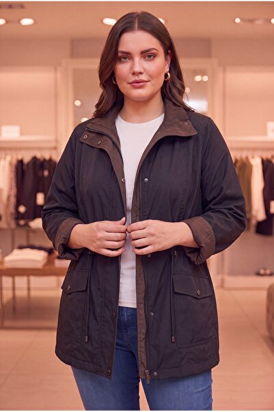 RMG Double-Sided Plus Size Cotton Fabric Trench Coat Black