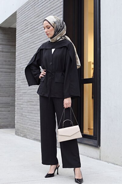 Modamorfo Pocket Detailed V-Neck Lace-Up Scarf Parachute Set - Black