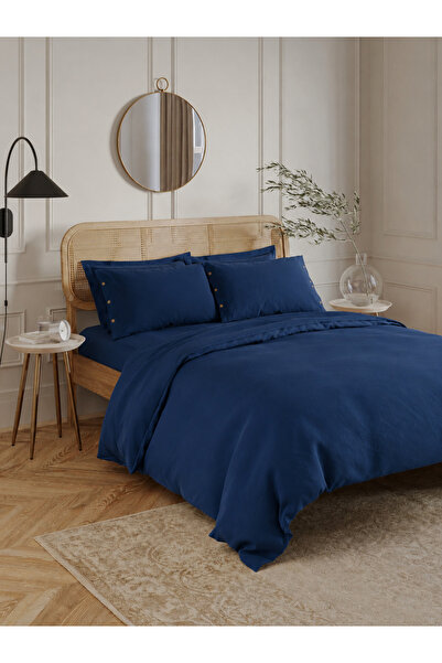 Nevresim Takımı 200x220cm %100 Pamuk Düğmeli Çift Kişilik/Lacivert/Pampas Gofre