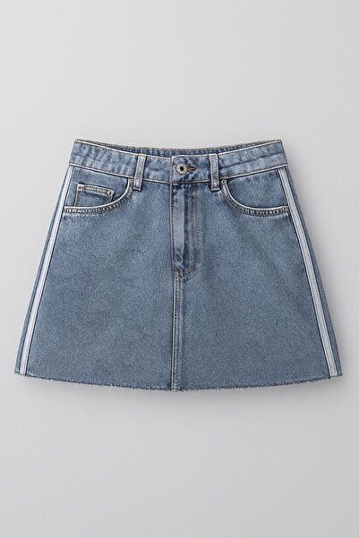 Bluewhite Yüksek Bel Püsküllü Mini Jean Etek