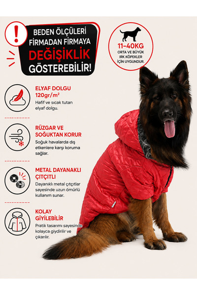 DOGİ&DOG Large Breed Red Puff Dog Coat - Dog Raincoat