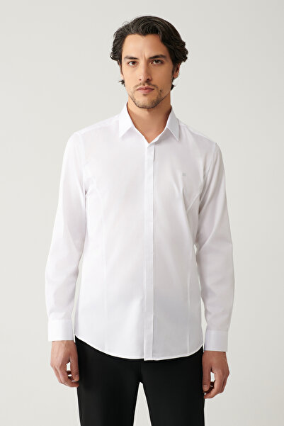 Avva Men's White 100% Cotton Classic Collar Satin Slim Fit Shirt B002002