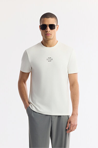 Avva Men's Ecru Crew Neck Printed Bi-Stretch Interlock Regular Fit T-Shirt A5...