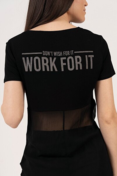 Tierra Store Siyah V Yaka Sırtı Baskılı Transparan Detaylı Kısa Kollu T-shirt