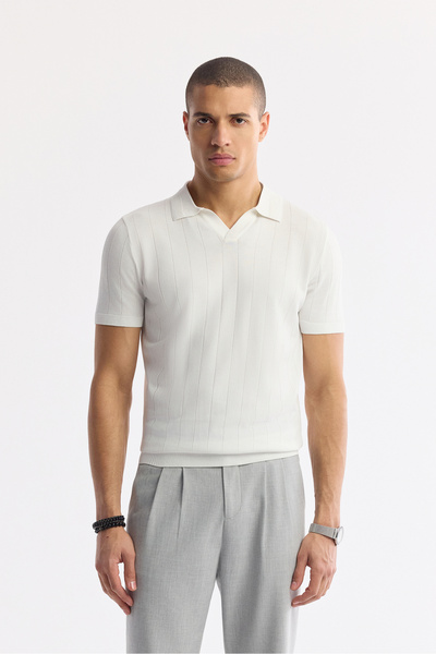 Avva Men's Ecru Polo Neck Rayon Knitwear Regular Fit T-Shirt A51Y5015