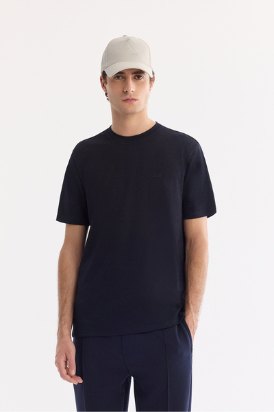 Avva Men's Navy Blue Crew Neck Bi-Stretch Wrinkle-Free Printed Regular Fit T-...