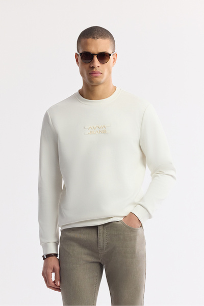Avva Erkek Ekru Bisiklet Yaka Baskılı Bi-Stretch İnterlok Regular Fit Sweatsh...