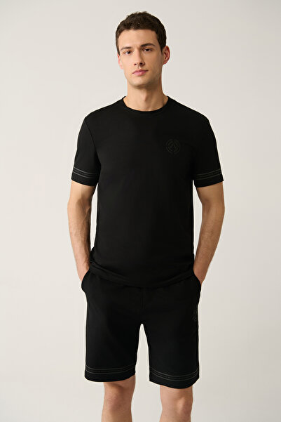 Avva Tricou negru pentru bărbați, cu gâtul rotund, cu imprimeu din material t...