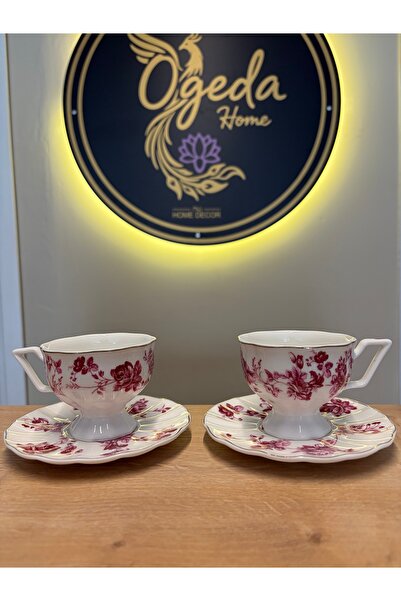 Ogeda Home Mien 2 Kişilik Kahve Fincanı Takımı-Pembe Çiçek Desenli Gold Detay...