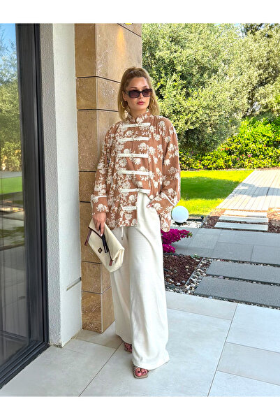FAYY Embroidered Muslin Jacket - Coffee Color Chinese Collar Buttoned Kimono ...