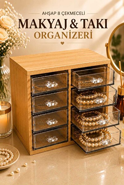 Limeks Home 8 Çekmeceli Ahşap Şeffaf Takı ve Makyaj Organizeri Çok Amaçlı Mas...