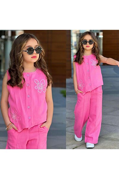 Bambam Girl's Muslin Trouser Suit – Stylish Embroidery Detailed Summer Combin...