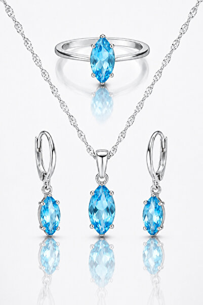 OSMANLI GÜMÜŞ Kadın 925 Ayar Gümüş Set Blue Topaz Markiz Kesim Kolye Küpe Yüz...