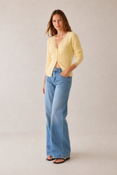 LOOSH Women's Yellow V-Neck Wool Cardigan with Lace Detail
