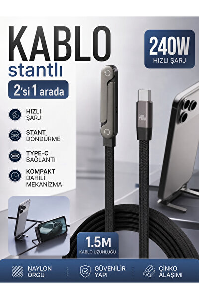 Vezir Aksesuar 240W Type-C to Type-C Şarj Kablosu 1.5M Katlanabilir Telefon S...