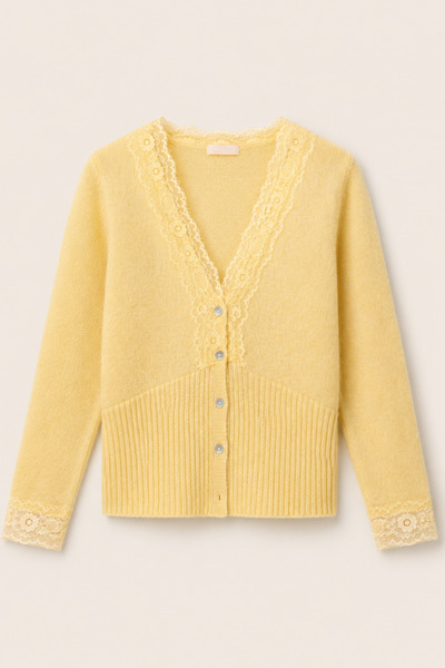 LOOSH Women's Yellow V-Neck Wool Cardigan with Lace Detail